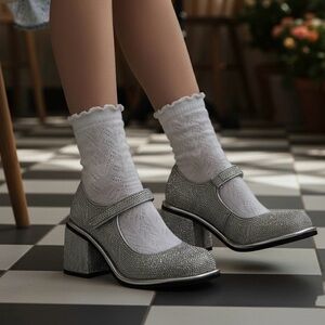 Dolls Kill Silver Glitter Mary Jane Block Heel Pumps